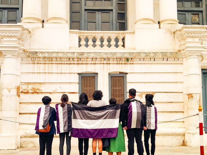 Five people standing with their backs to the camera, with asexual flags draped on their backs