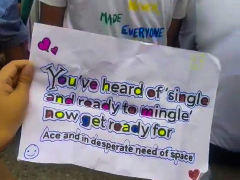 A small placard that says you have heard of single and ready to mingle, now get ready for ace and in desperate need of space